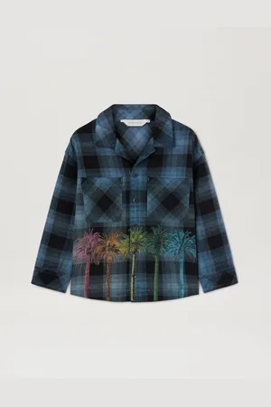 Palm Angels Flannel Printed Shirt - Kids Boy Clothing Dusty Blue Yellow 10
