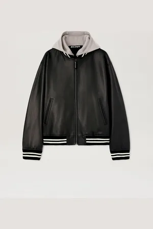 Palm Angels Curved Logo Leather Bomber - Man Coats & Jackets Black - Off White 46