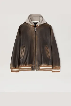Palm Angels Curved Logo Leather Bomber - Woman Coats & Jackets Brown - Dark Brown 40