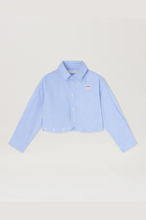 Palm Angels Rheinstone Striped Cropped Shirt - Kids Girl Clothing Dusty Blue - White 10