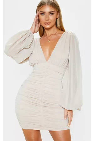 PRETTYLITTLETHING Stone Mesh Ruched Balloon Sleeve Bodycon Dress