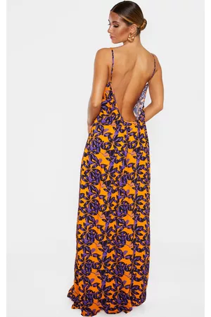 PRETTYLITTLETHING Women Casual Dresses - Orange Shadow Leaf Low Back Oversized Maxi Beach Dress
