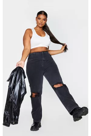 PRETTYLITTLETHING Women Straight Jeans - Plus Washed Black Knee Rip Straight Leg Jeans