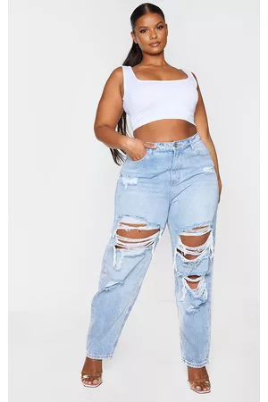 PRETTYLITTLETHING Women Ripped Jeans - Plus Light Wash Ripped Mom Jeans
