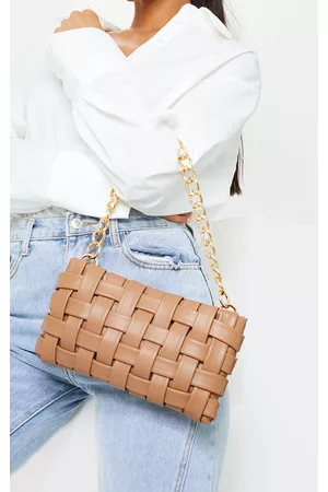 PRETTYLITTLETHING Tan Oversized Weave With Gold Chain Shoulder Bag