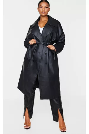 PRETTYLITTLETHING Women Trench Coats - Plus Faux Leather Drop Arm Midi Trench