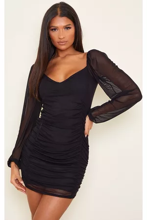 PRETTYLITTLETHING Mesh Double Ruched Long Sleeve Bodycon Dress