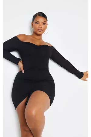 PRETTYLITTLETHING Plus Ribbed Long Sleeve Bardot Ruched Bodycon Dress