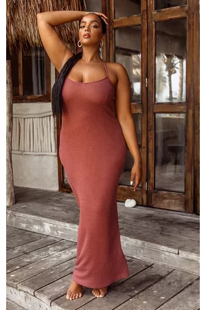 PRETTYLITTLETHING Plus Rose Waffle Knit Maxi Beach Dress