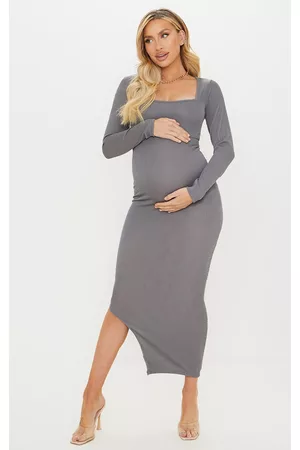 PRETTYLITTLETHING Maternity Slate Ribbed Long Sleeve Side Split Maxi Dress