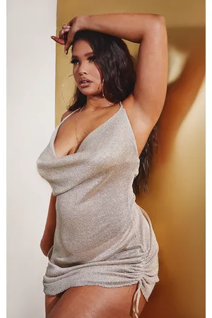 PRETTYLITTLETHING Women Ruched bodycon dresses - Plus Gold Cowl Neck Ruched Side Bodycon Dress