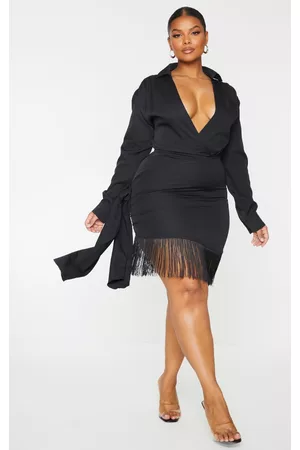 PrettyLittleThing Women Bodycon Dresses - Plus Long Sleeve Tassel Hem Drape Detail Bodycon Dress