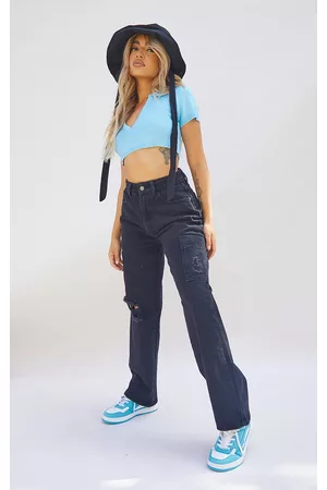 PRETTYLITTLETHING Women Wide Leg Jeans - Petite Washed Black Wide Leg Ripped Cargo Jeans