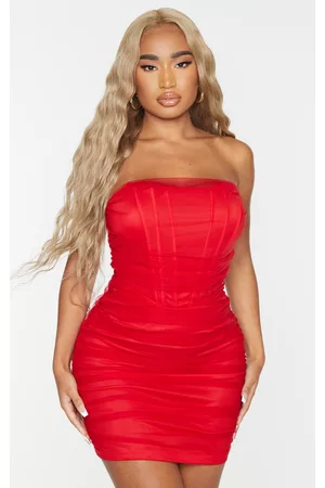 PRETTYLITTLETHING Shape Mesh Corset Detail Ruched Bodycon Dress