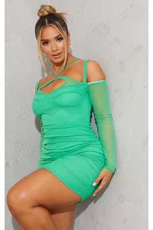 PRETTYLITTLETHING Shape Bright Green Mesh Ring Halterneck Ruched Bodycon Dress