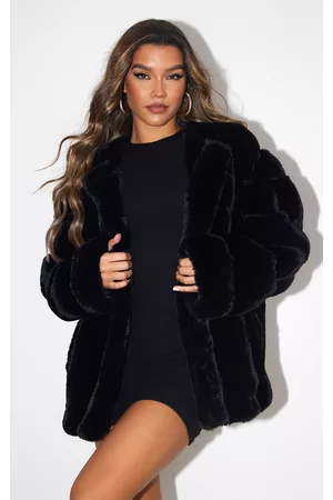 PRETTYLITTLETHING Women Fur Coats - Black Faux Fur Vertical Bubble Coat