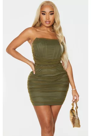 PrettyLittleThing Shape Olive Mesh Corset Detail Ruched Bodycon Dress