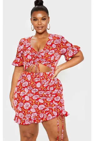PRETTYLITTLETHING Women Ruched Bodycon Dresses - Plus Red Floral Ruched Detail Cut Out Bodycon Dress