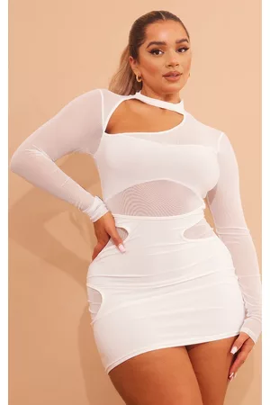 PRETTYLITTLETHING Shape White Mesh Slinky Overlay Long Sleeve Bodycon Dress