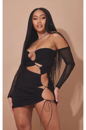 PRETTYLITTLETHING Shape Mesh Lace Up Cut Out Bardot Bodycon Dress