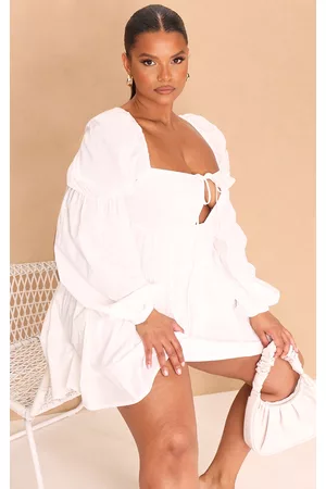PRETTYLITTLETHING Women Shift Dresses - Plus White Cotton Tiered Shift Dress