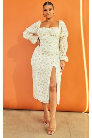 PRETTYLITTLETHING Women Puff Sleeve Dress - Plus Yellow Floral Puff Sleeve Midi Dress