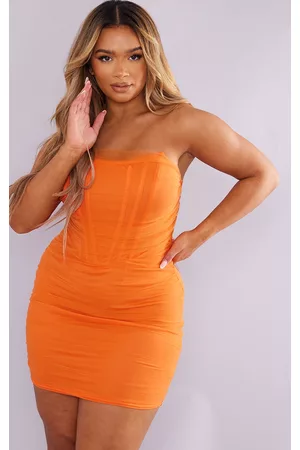 PRETTYLITTLETHING Women Mesh Bodycon Dresses - Shape Orange Mesh Corset Detail Ruched Bodycon Dress