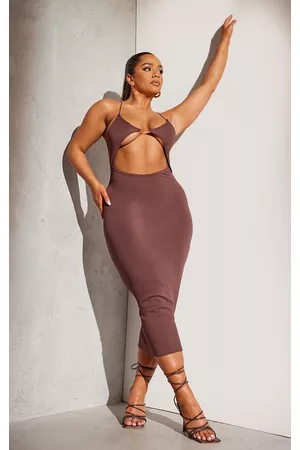 PRETTYLITTLETHING Women Padded Dresses - Shape Chocolate Brown Soft Rib Front Cut Out Midaxi Dress