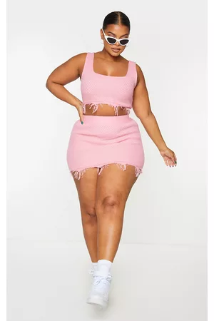 PRETTYLITTLETHING Women Knitted Dresses - Plus Pink Raw Hem Knit Skirt