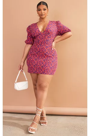 PRETTYLITTLETHING Women Puff Sleeve & Puff Shoulder Dresses - Plus Red Floral Puff Sleeve Tea Dress