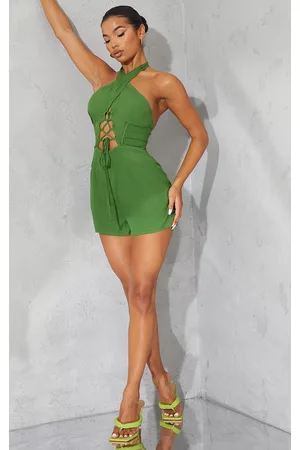 PRETTYLITTLETHING Women T-Shirts - Olive Linen Look Plunge Lace Up Romper