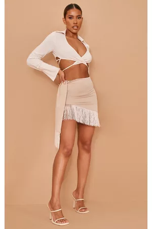 PRETTYLITTLETHING Women Party Dresses - Sand Woven Fringe Hem Drape Front Mini Skirt