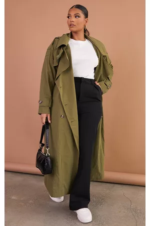 PRETTYLITTLETHING Women Trench Coats - PLT Label Plus Khaki Woven Hooded Oversized Trench Coat