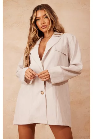 PRETTYLITTLETHING Women Casual Dresses - Stone Linen Look Tortoise Shell Button Oversized Blazer Dress