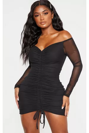 PRETTYLITTLETHING RECYCLED Shape Mesh Ruched Bardot Bodycon Dress