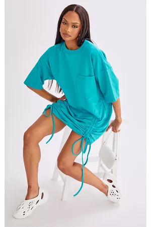 PRETTYLITTLETHING Women Casual Dresses - Bright Blue Oversized Double Ruched Front Sweat T Shirt Dress