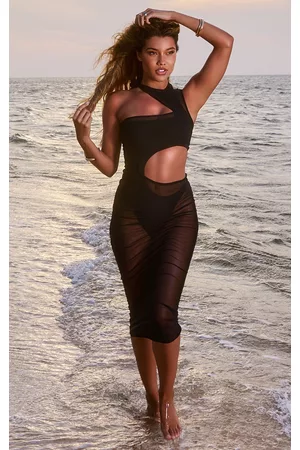 PRETTYLITTLETHING Women Maxi Dresses - Black Mesh Cut Out Maxi Beach Dress