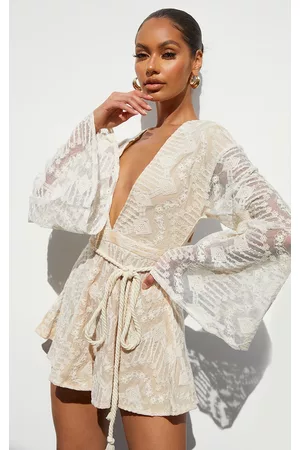 PRETTYLITTLETHING Nude Lace Flare Sleeve Rope Belt Romper