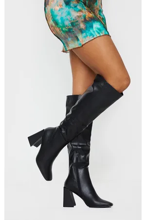 PRETTYLITTLETHING PU Flare Block Heel Square Toe Knee High Boots