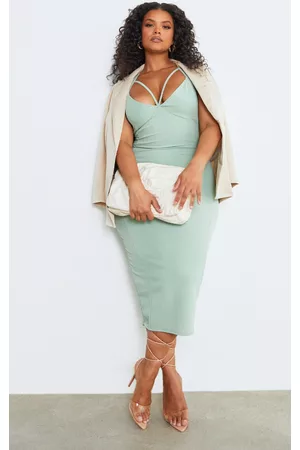 PRETTYLITTLETHING Women Midi Dresses - Plus Sage Green Strap Detail Midi Dress