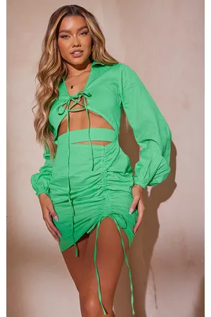 PRETTYLITTLETHING Women Ruched Bodycon Dresses - Bright Green Linen Tie Front Detail Ruched Skirt Bodycon Dress