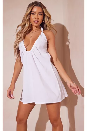 PRETTYLITTLETHING Women Casual Dresses - White Linen Look Strappy Back Detail Swing Dress