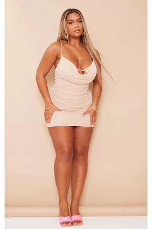 PRETTYLITTLETHING Shape Stone Mesh Cowl Bralet Detail Ruched Bodycon Dress