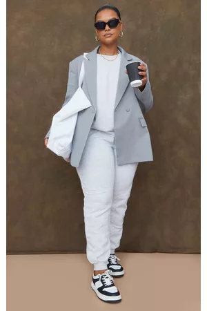 PRETTYLITTLETHING Women Blazers - Plus Grey Double Pocket Detail Double Breasted Blazer