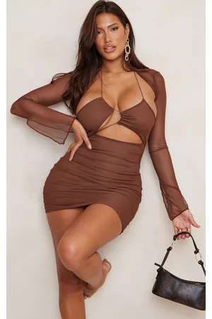 PRETTYLITTLETHING Women Bodycon Dresses - Shape Chocolate Shape Mesh Lace Up Detail Overlay Bodycon Dress