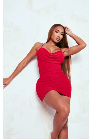 PRETTYLITTLETHING Shape Red Mesh Cowl Bralet Detail Ruched Bodycon Dress