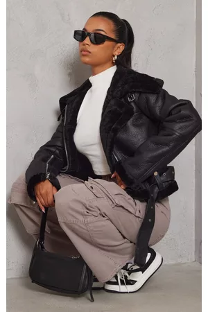 PRETTYLITTLETHING Women Leather Jackets - Black Multi Zip Cropped Aviator