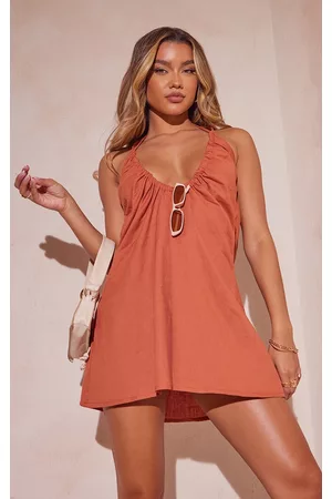 PRETTYLITTLETHING Women Casual Dresses - Terracotta Linen Strappy Back Detail Swing Dress