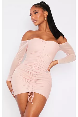 PRETTYLITTLETHING Women Bodycon Dresses - Shape Dusty Rose Mesh Ruched Bardot Bodycon Dress