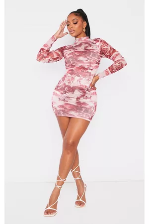PRETTYLITTLETHING Shape Printed High Neck Mesh Bodycon Dress